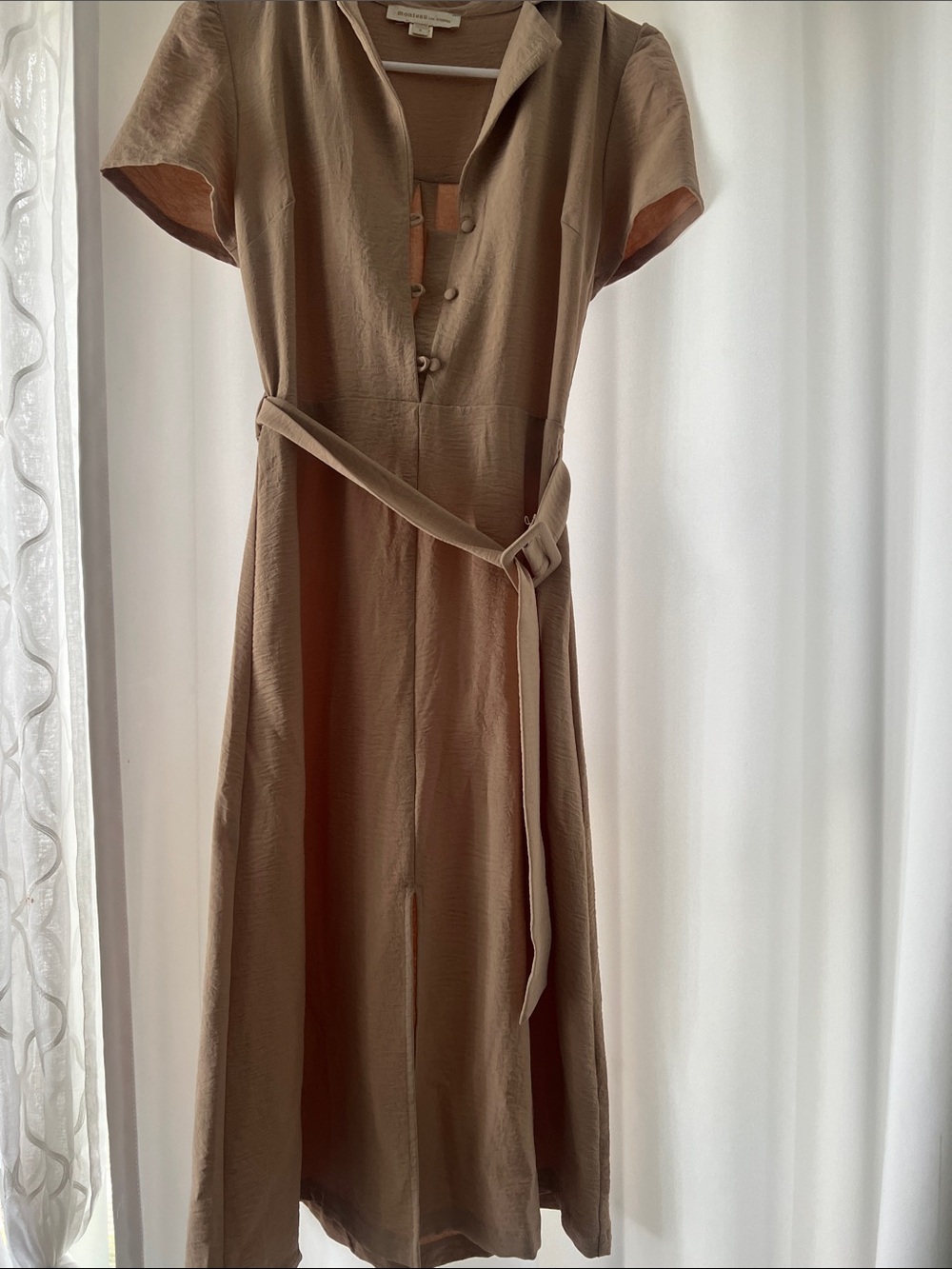 Monteau Tan Short-Sleeve Button-Front Belted Midi Dress
